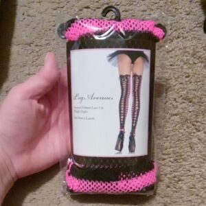 New Leg Avenue Striped Fishnet Lace Up Thigh High Stockings ONE SIZE